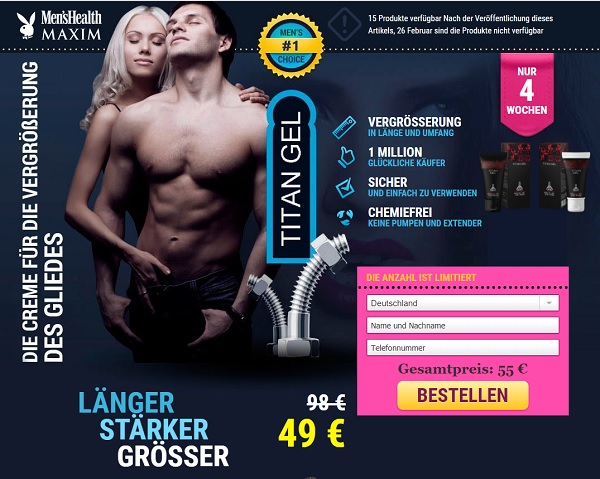 So sieht die Homepage von Titan Gel aus.