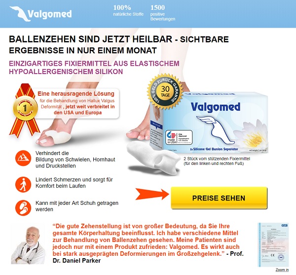 So sieht die Homepage von Valgomed aus.