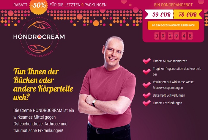 So sieht die Homepage von Hondrocream aus.